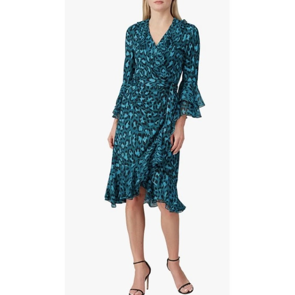 Diane von Furstenberg Carli Ruffled Wrap Dress Blue Leopard 100% Silk Size 4